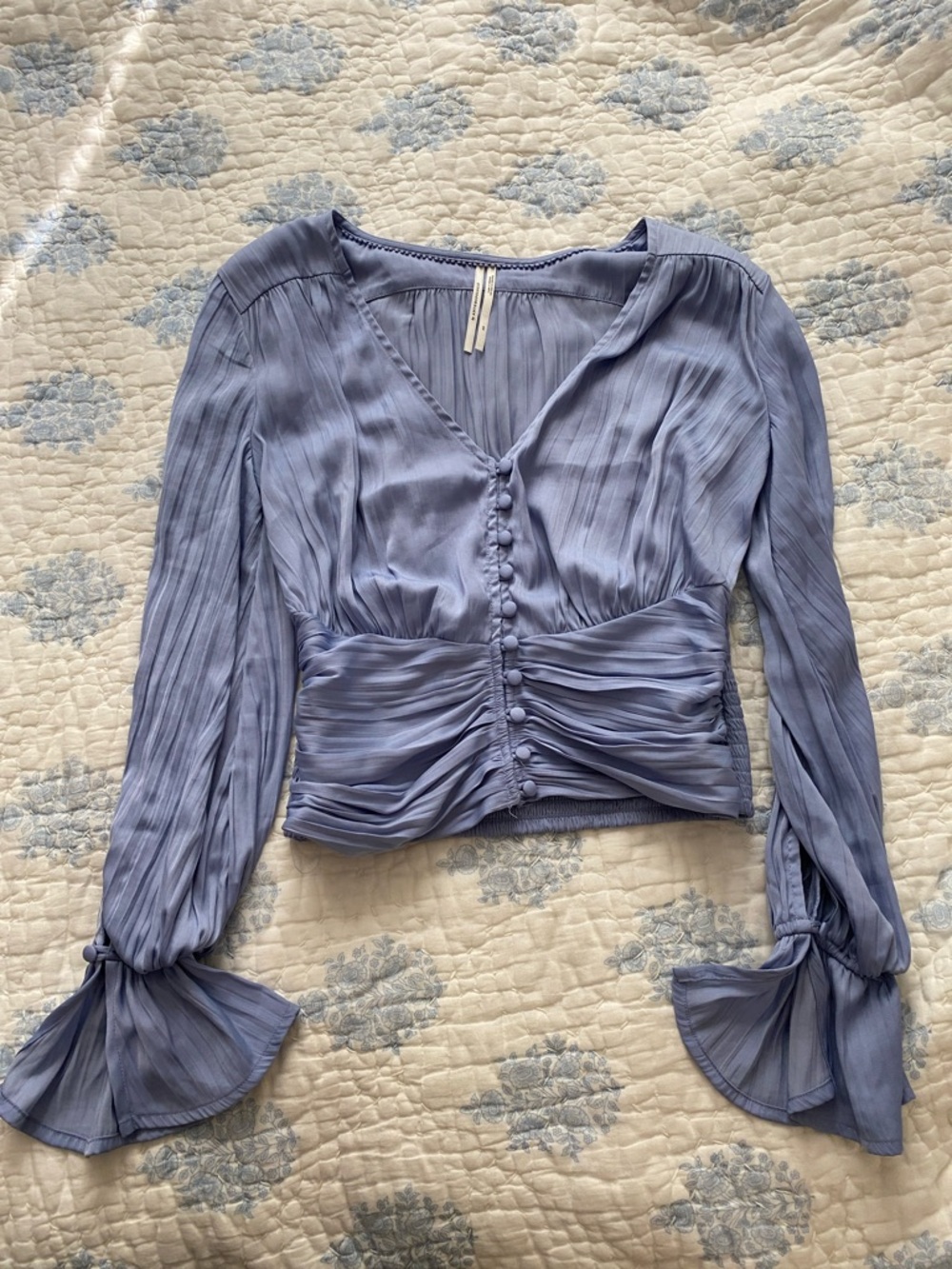 ANTHROPOLOGIE flutter sleeve smocked satin blouse in dusty blue XS